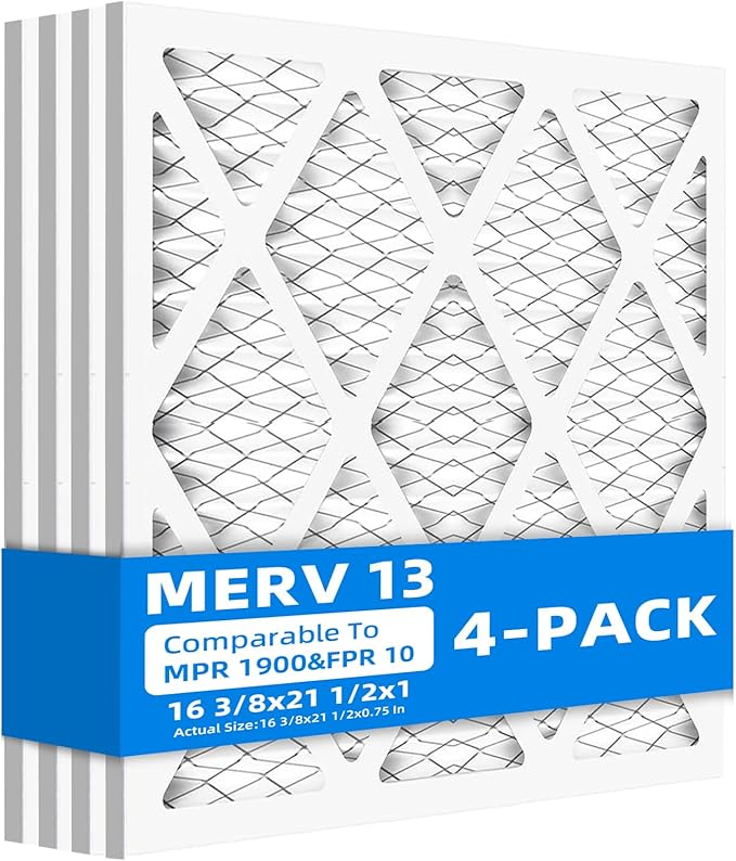 (4 Pack) 16 3/8x21 1/2x1 Furnace Air Filters, MPR 1900 & FPR 10, MERV 13 Pleated Air Filter (Actual Size: 16 3/8"x21 1/2"x3/4")