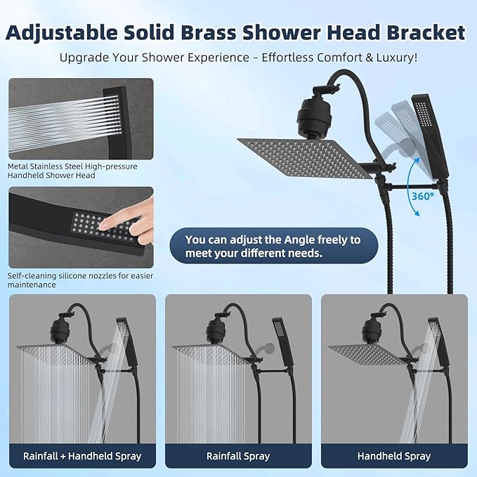 Hibbent All Metal 12'' Filtered Rainfall Shower Head Combo, High Pressure Handheld Shower Wand, 12'' Adjustable Extension Arm, 20 Stage Shower Filter, 71'' Hose, Shower Head Holders, Matte Black