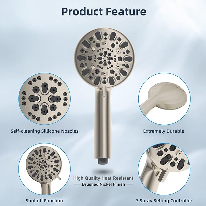 Hibbent 10" Thickness Metal Rainfall Shower Head/Handheld Showerhead Combo with 12'' Adjustable Curved Shower Extension Arm, 7-Spray, 71'' Hose, Adhesive Showerhead Holder, Brushed Nickel