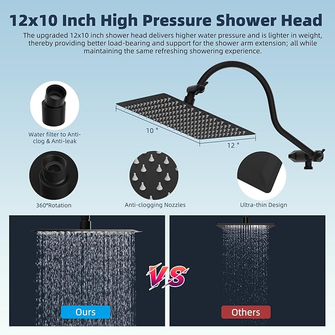 Hibbent All Metal 12'' Dual Filtered Rainfall Shower Head Combo, High Pressure Handheld Shower Head with 12'' Adjustable Curved Extension Arm, 20 Stage Shower Filter, 10-spray, 71'' Hose, Matte Black