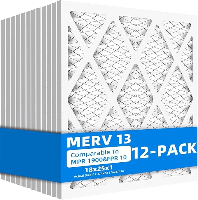 (12-Pack) 18x25x1 Furnace Air Filters, MPR 1900 & FPR 10, MERV 13 Pleated Air Filter (Actual Size: 17.75x24.75x0.75 inch)
