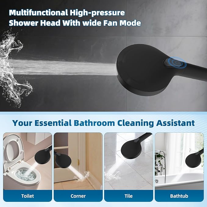 Hibbent All Metal Shower Head, 10'' High Pressure Rain Shower Head/Handheld Showerhead Combo with 16'' Adjustable Extension Arm, 10 Sprays, 71'' Hose, Adhesive Showerhead Holder, Matte Black