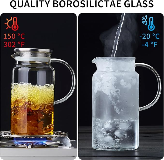 1 Gallon Glass Pitcher with Lid and Spout, Water Jug, 4000ML Carafe for Hot/Cold Water, Large Iced Tea Pitcher for Coffee, Juice and Homemade Beverage