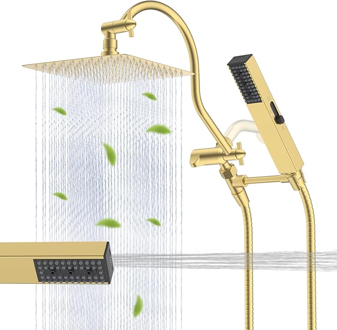 Hibbent All Metal Shower Head, 10'' High Pressure Rainfall Shower Head, Showerhead Combo, Handheld Shower Wand, 12'' Adjustable Curved Shower Extension Arm, 71'' Hose, Shower Holder, Brushed Gold