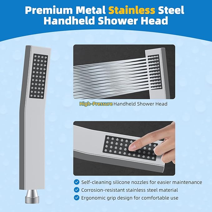 Hibbent All Metal Shower Head, 10'' High Pressure Rainfall Shower Head, Showerhead Combo, Handheld Shower Wand, 12'' Adjustable Curved Shower Extension Arm, 71'' Hose, Shower Head Holder, Chrome