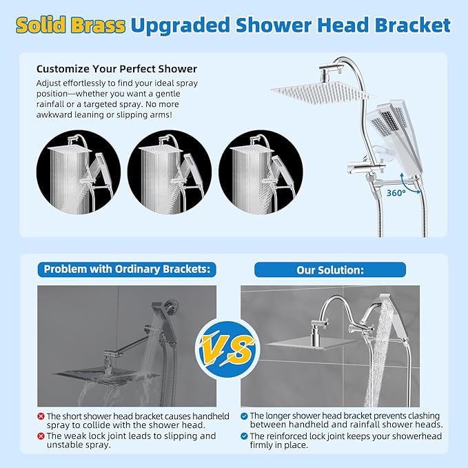 Hibbent All Metal Shower Head, 8'' High Pressure Rainfall Shower Head, Showerhead Combo, Handheld Shower Wand, 12'' Adjustable Curved Shower Extension Arm, 71'' Hose, Shower Head Holder, Chrome