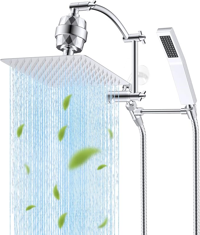Hibbent All Metal 10'' Filtered Rainfall Shower Head with Handheld Combo, High Pressure Shower Wand, 16'' Adjustable Arc Extension Arm, 20 Stage Shower Filter, 71'' Hose, Shower Head Holder, Chrome