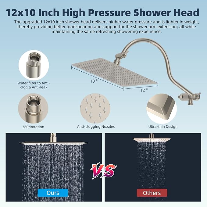 Hibbent All Metal 12'' Filtered Rainfall Shower Head Combo, High Pressure Handheld Shower Head with 12'' Adjustable Curved Extension Arm, 20 Stage Shower Filter, 10-spray, 71'' Hose, Brushed Nickel