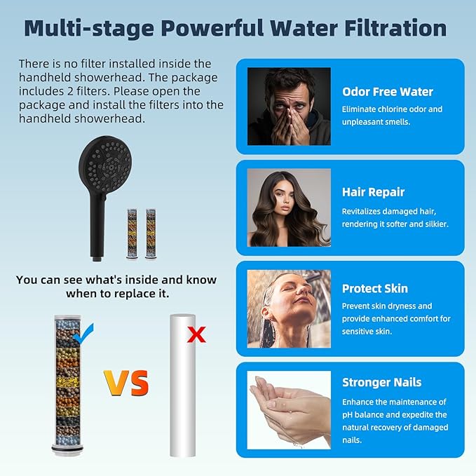 Hibbent All Metal 12'' Dual Filtered Rainfall Shower Head Combo, High Pressure Handheld Shower Head with 12'' Adjustable Curved Extension Arm, 20 Stage Shower Filter, 10-spray, 71'' Hose, Matte Black