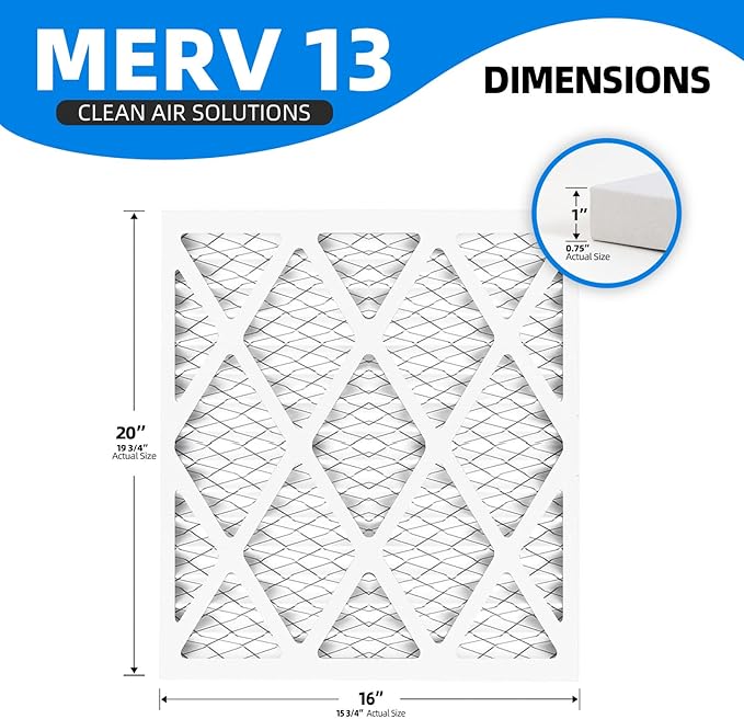 (6 Pack) 16x20x1 Furnace Air Filters, MPR 1900 & FPR 10, MERV 13 Pleated Air Filter (Actual Size: 16 3/4"x19 3/4"x3/4")