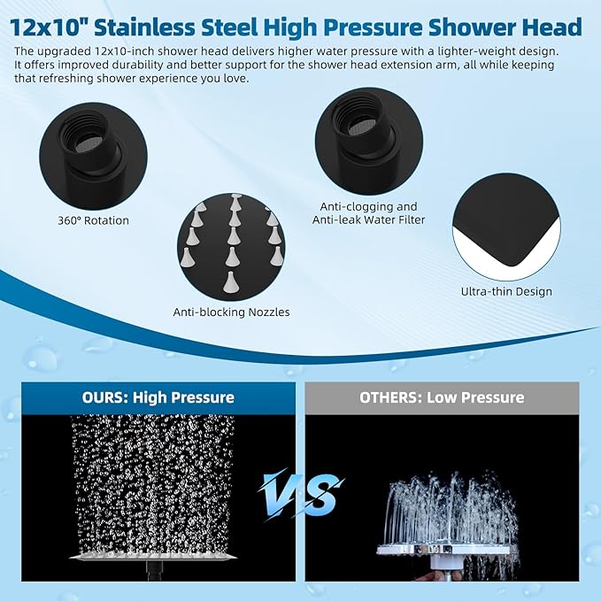 Hibbent All Metal Shower Head, 12'' High Pressure Rain Shower Head/Handheld Showerhead Combo with 16'' Adjustable Arc-shaped Extension Arm, 10 Sprays, 71'' Hose, Showerhead Holder, Matte Black