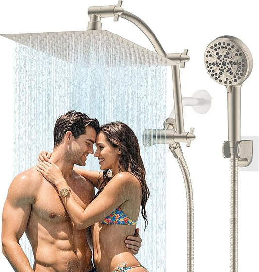 Hibbent All Metal Shower Head, 12'' High Pressure Rain Shower Head/Handheld Showerhead Combo with 16'' Adjustable Arc-shaped Extension Arm, 10 Sprays, 71'' Hose, Showerhead Holder, Brushed Nickel