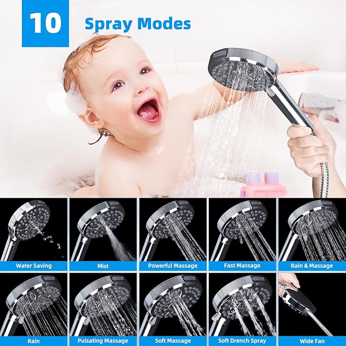 Hibbent All Metal 12'' Dual Filtered Rainfall Shower Head Combo, High Pressure Handheld Shower Head with 16'' Adjustable Arc Extension Arm, 20 Stage Shower Filter, 10-spray, 71'' Shower Hose, Chrome