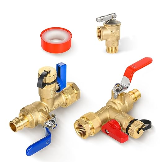 (Set of 1 Kit) HeSun 3/4" FIP X 3/4" PEX-A Expansion IPS Isolator Tankless Water Heater Service Valve Kit, with Pressure Relief Valve