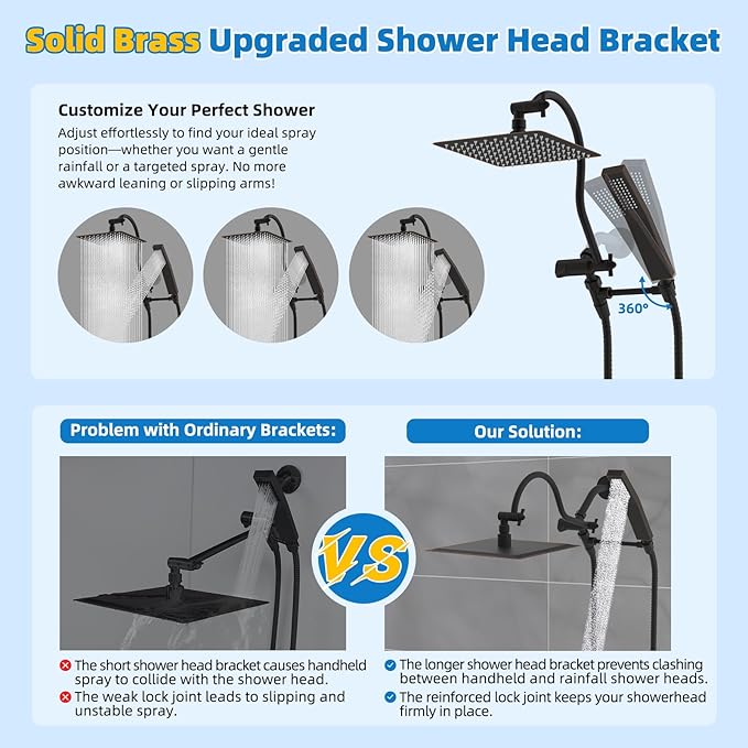 Hibbent All Metal Shower Head, 8'' High Pressure Rainfall Shower Head, Showerhead Combo, Handheld Shower Wand, 12'' Adjustable Curved Extension Arm, 71'' Hose, Shower Head Holder, Oil Rubbed Bronze