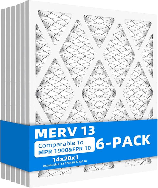 (6 Pack) 14x20x1 Furnace Air Filters, MPR 1900 & FPR 10, MERV 13 Pleated Air Filter (Actual Size: 13.75"x19.75"x0.75")