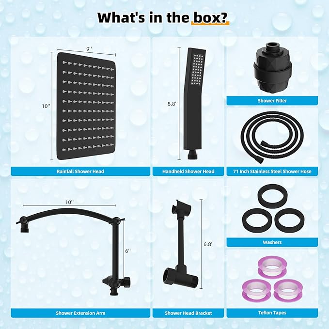 Hibbent All Metal 10'' Filtered Rainfall Shower Head with Handheld Combo, High Pressure Shower Wand, 16'' Adjustable Extension Arm, 20 Stage Shower Filter, 71'' Hose, Shower Holder, Matte Black