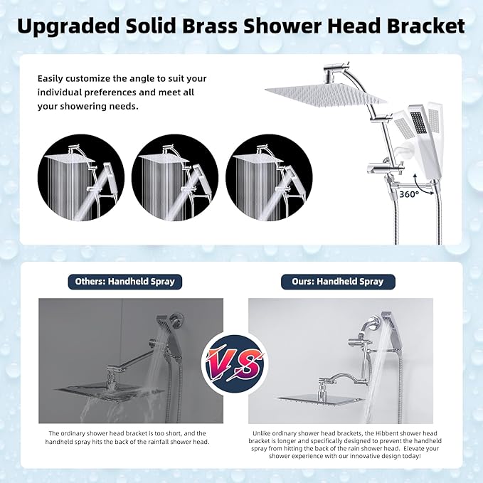 Hibbent All Metal 10'' Rainfall Shower Head, Dual Shower Head Combo, High Pressure Handheld Shower Wand, 16'' Adjustable Arc-shaped Shower Extension Arm, 71'' Hose, Showerhead Holder, Chrome