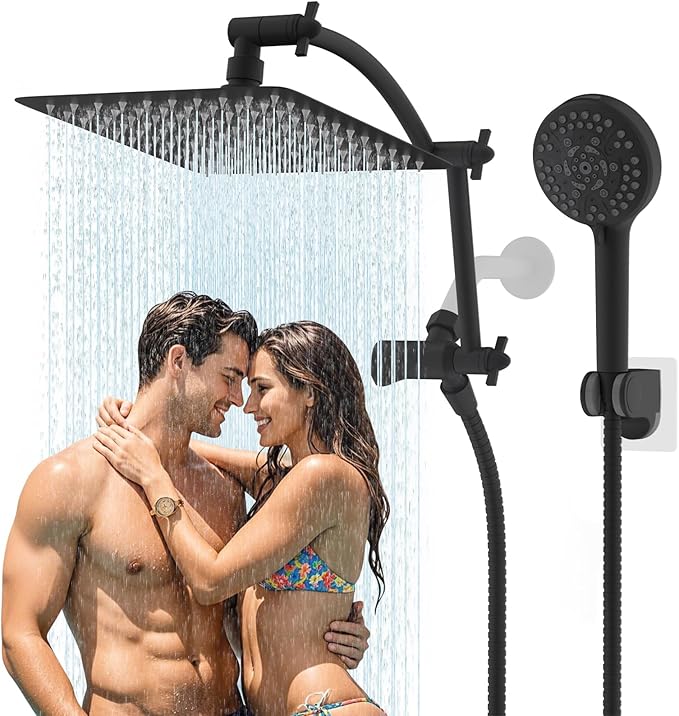 Hibbent All Metal Shower Head, 10'' High Pressure Rain Shower Head/Handheld Showerhead Combo with 16'' Adjustable Extension Arm, 10 Sprays, 71'' Hose, Adhesive Showerhead Holder, Matte Black