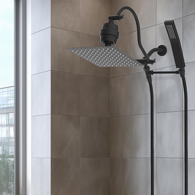Hibbent All Metal 10'' Filtered Rainfall Shower Head Combo, High Pressure Handheld Shower Wand, 12'' Adjustable Extension Arm, 20 Stage Shower Filter, 71'' Hose, Shower Head Holders, Matte Black