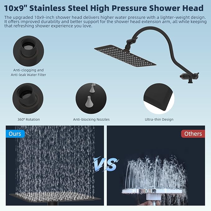 Hibbent All Metal Shower Head, 10'' High Pressure Rainfall Shower Head/Handheld Showerhead Combo with 12'' Adjustable Curved Shower Extension Arm, 10-Spray, 71'' Hose, Shower Holder, Oil Rubbed Bronze