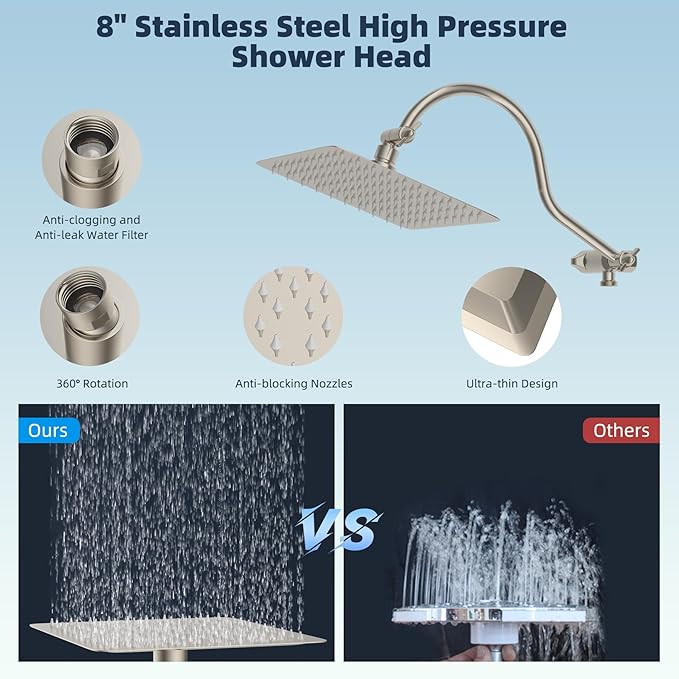 Hibbent All Metal Shower Head, 8'' High Pressure Rainfall Shower Head, Handheld Showerhead Combo with 12'' Adjustable Curved Extension Arm, 10-Spray, 71'' Hose, Showerhead Holder, Brushed Nickel