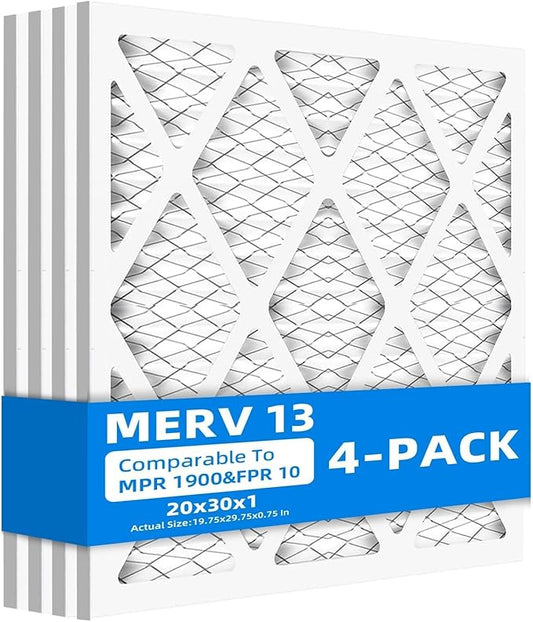 (4 Pack) 20x30x1 Furnace Air Filters, MPR 1900 & FPR 10, MERV 13 Pleated Air Filter (Actual Size: 19.75" x 29.75" x 0.75")