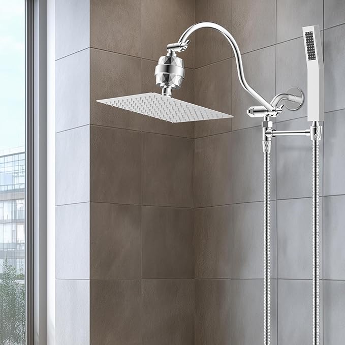 Hibbent All Metal 10'' Filtered Rainfall Shower Head Combo, High Pressure Handheld Shower Wand, 12'' Adjustable Curved Extension Arm, 20 Stage Shower Filter, 71'' Hose, Shower Head Holders, Chrome