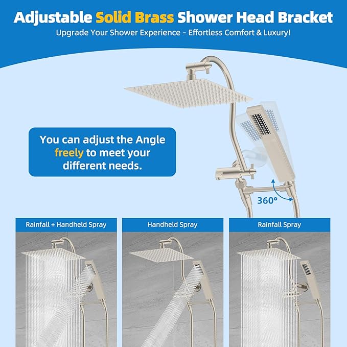 Hibbent All Metal Shower Head, 12'' High Pressure Rainfall Shower Head, Showerhead Combo, Handheld Shower Wand, 12'' Adjustable Shower Extension Arm, 71'' Hose, Shower Head Holder, Brushed Nickel