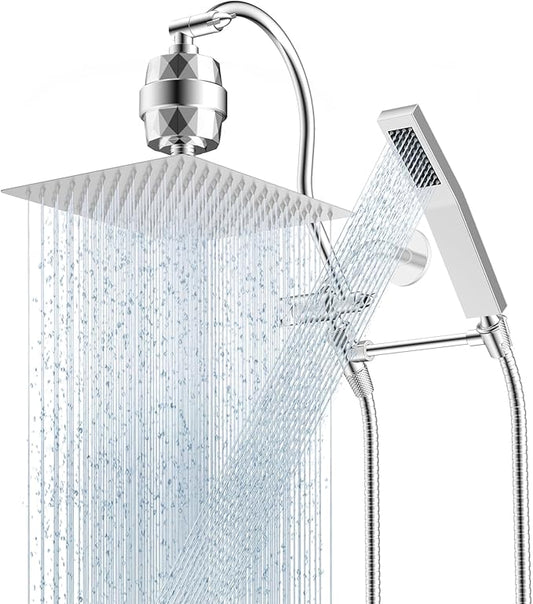 Hibbent All Metal 12'' Filtered Rainfall Shower Head Combo, High Pressure Handheld Shower Wand, 12'' Adjustable Curved Extension Arm, 20 Stage Shower Filter, 71'' Hose, Shower Head Holders, Chrome
