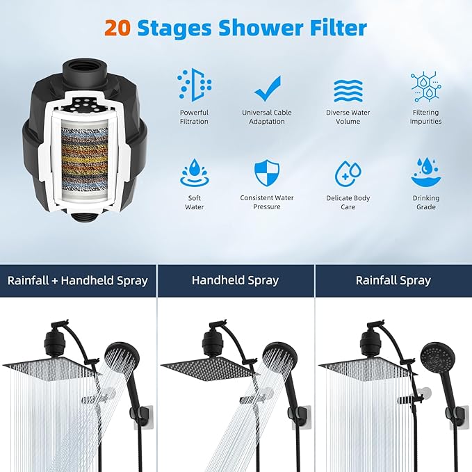 Hibbent All Metal 12'' Filtered Rainfall Shower Head Combo, High Pressure Handheld Shower Head with 16'' Adjustable Arc Extension Arm, 20 Stage Shower Filter, 10-spray, 71'' Shower Hose, Matte Black