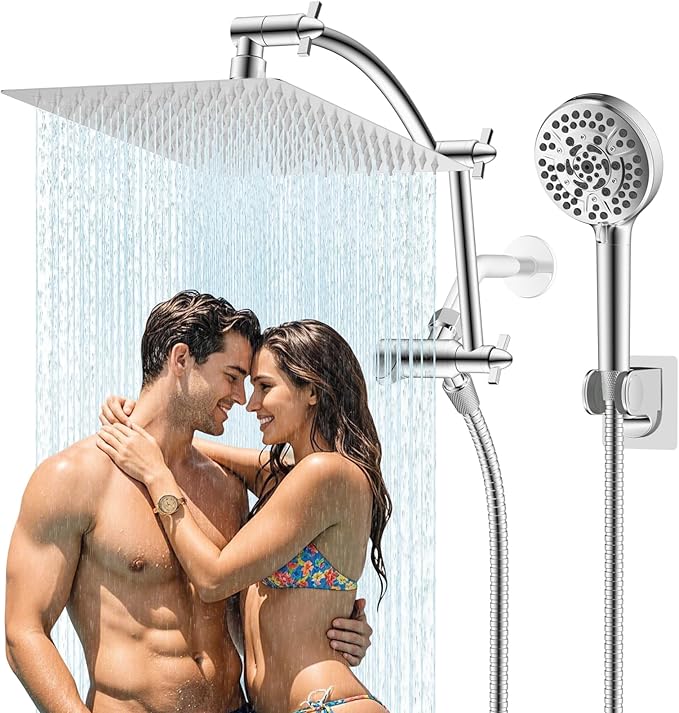 Hibbent All Metal Shower Head, 12'' High Pressure Rain Shower Head/Handheld Showerhead Combo with 16'' Adjustable Arc-shaped Extension Arm, 10 Sprays, 71'' Hose, Adhesive Showerhead Holder, Chrome