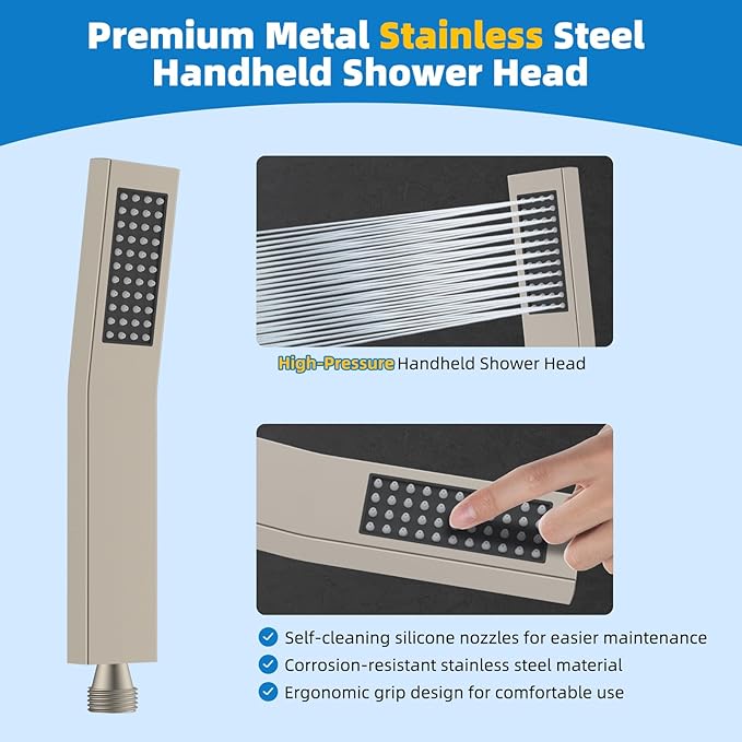 Hibbent All Metal Shower Head, 12'' High Pressure Rainfall Shower Head, Showerhead Combo, Handheld Shower Wand, 12'' Adjustable Shower Extension Arm, 71'' Hose, Shower Head Holder, Brushed Nickel