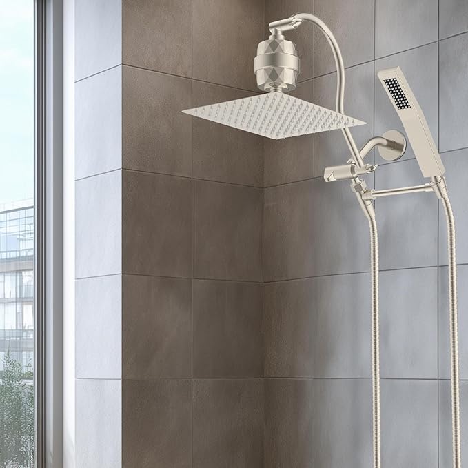 Hibbent All Metal 12'' Filtered Rainfall Shower Head Combo, High Pressure Handheld Shower Wand, 12'' Adjustable Extension Arm, 20 Stage Shower Filter, 71'' Hose, Shower Head Holders, Brushed Nickel