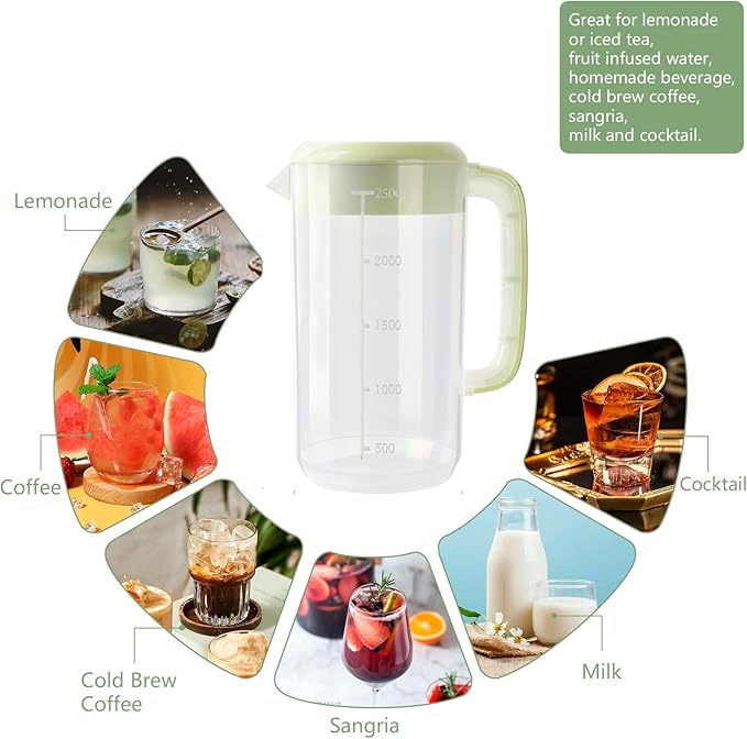 0.6 Gallon 2.5 Litre Clear Plastic Pitcher with Lid, 2 Pack Clear Water Pitchers for Cold Drinks, Iced Tea Jug for Lemonade, Iced Tea, Milk, Juice, Beverages