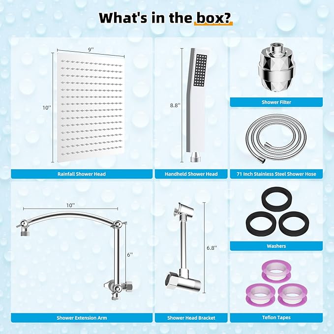 Hibbent All Metal 10'' Filtered Rainfall Shower Head with Handheld Combo, High Pressure Shower Wand, 16'' Adjustable Arc Extension Arm, 20 Stage Shower Filter, 71'' Hose, Shower Head Holder, Chrome