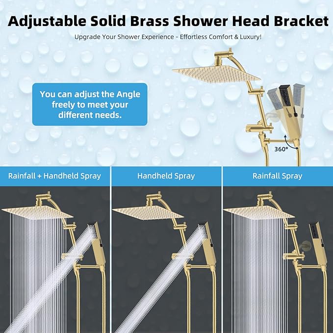 Hibbent All Metal 10'' Rainfall Shower Head, Shower Head Combo, High Pressure Handheld Shower Wand, 4 Sprays, 16'' Adjustable Arc-shaped Extension Arm, 71'' Hose, Showerhead Holder, Brushed Gold