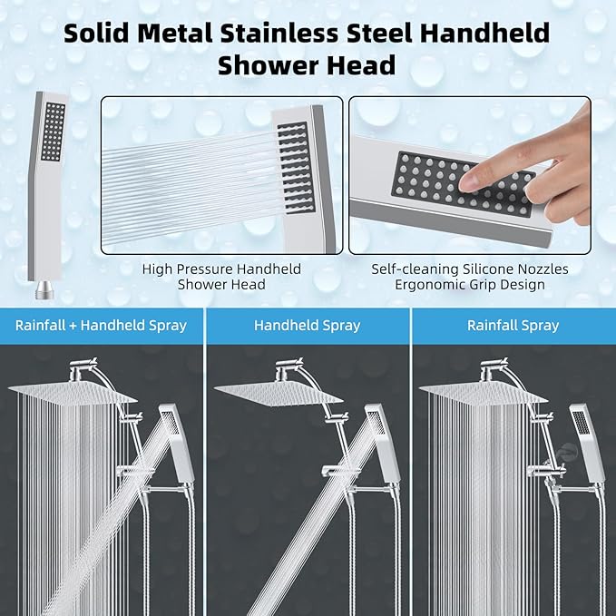 Hibbent All Metal 10'' Rainfall Shower Head, Dual Shower Head Combo, High Pressure Handheld Shower Wand, 16'' Adjustable Arc-shaped Shower Extension Arm, 71'' Hose, Showerhead Holder, Chrome