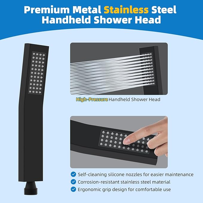 Hibbent All Metal Shower Head, 8'' High Pressure Rainfall Shower Head, Showerhead Combo, Handheld Shower Wand, 12'' Adjustable Curved Shower Extension Arm, 71'' Hose, Shower Head Holder, Matte Black