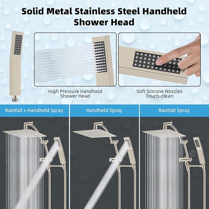 Hibbent All Metal 10'' Rainfall Shower Head, Dual Shower Head Combo, High Pressure Handheld Shower Wand, 16'' Adjustable Arc-shaped Shower Extension Arm, 71'' Hose, Showerhead Holder, Brushed Nickel