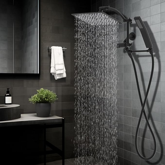 Hibbent All Metal 12'' Rainfall Shower Head, Dual Shower Head Combo, High Pressure Handheld Shower Wand, 16'' Adjustable Arc-shaped Shower Extension Arm, 71'' Hose, Showerhead Holder, Matte Black
