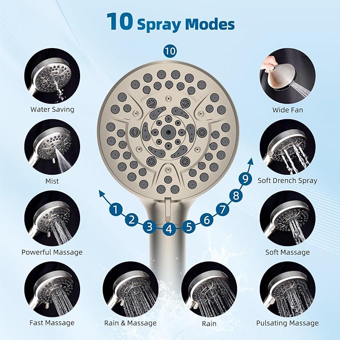 Hibbent All Metal Shower Head, 12'' High Pressure Rain Shower Head/Handheld Showerhead Combo with 16'' Adjustable Arc-shaped Extension Arm, 10 Sprays, 71'' Hose, Showerhead Holder, Brushed Nickel