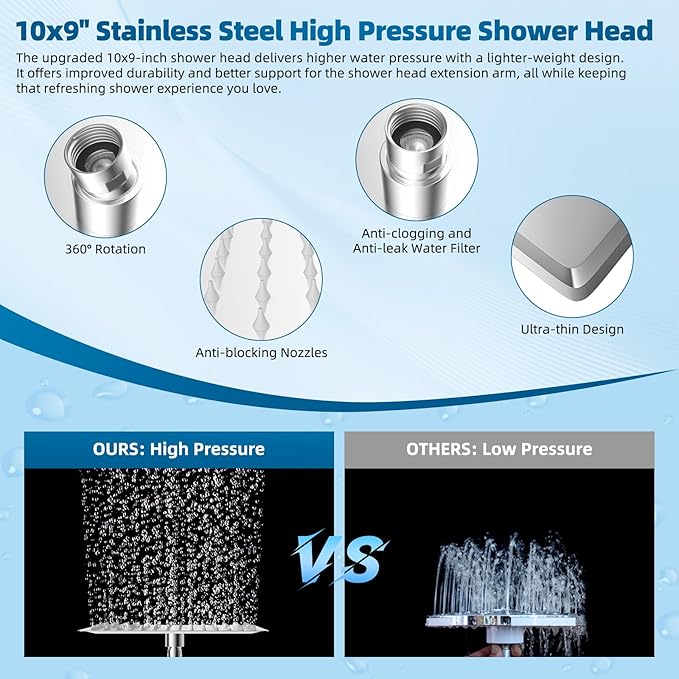 Hibbent All Metal Shower Head, 10'' High Pressure Rain Shower Head/Handheld Showerhead Combo with 16'' Adjustable Arc-shaped Extension Arm, 10 Sprays, 71'' Hose, Adhesive Showerhead Holder, Chrome