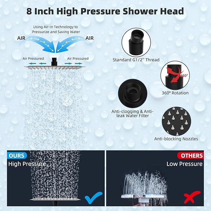 Hibbent All Metal 8'' Rainfall Shower Head, Square Shower Head Combo, High Pressure Handheld Shower Wand, 4 Sprays, 16'' Adjustable Arc-shaped Extension Arm, 71'' Hose, Showerhead Holder, Matte Black