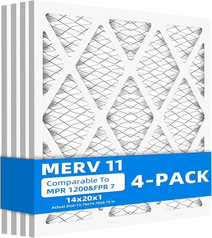 (4 Pack) 14x20x1 Furnace Air Filters, MPR 1200 & FPR 7, MERV 11 Pleated Air Filter (Actual Size: 13.75"x19.75"x0.75")