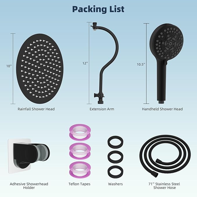 Hibbent All Metal Shower Head, 10'' High Pressure Rainfall Shower Head, Handheld Showerhead Combo, 12'' Adjustable Curved Extension Arm, 10 Sprays, 71'' Shower Hose, Showerhead Holder, Matte Black