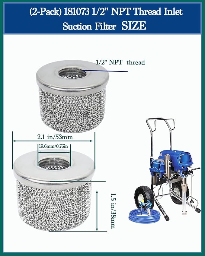 (2pack) 181073 Pump Inlet Strainer Filter 1/2" NPT Thread, Double-Layer Stainless Steel Compatible withGraco 350 EM,380 EM,390 EM, 400 EM, 480 EM, 490 EM,500, Super NOVA, Paint Sprayers