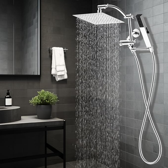 Hibbent All Metal 8'' Rainfall Shower Head, Square Shower Head Combo, High Pressure Handheld Shower Wand, 4 Sprays, 16'' Adjustable Arc-shaped Extension Arm, 71'' Hose, Showerhead Holder, Chrome