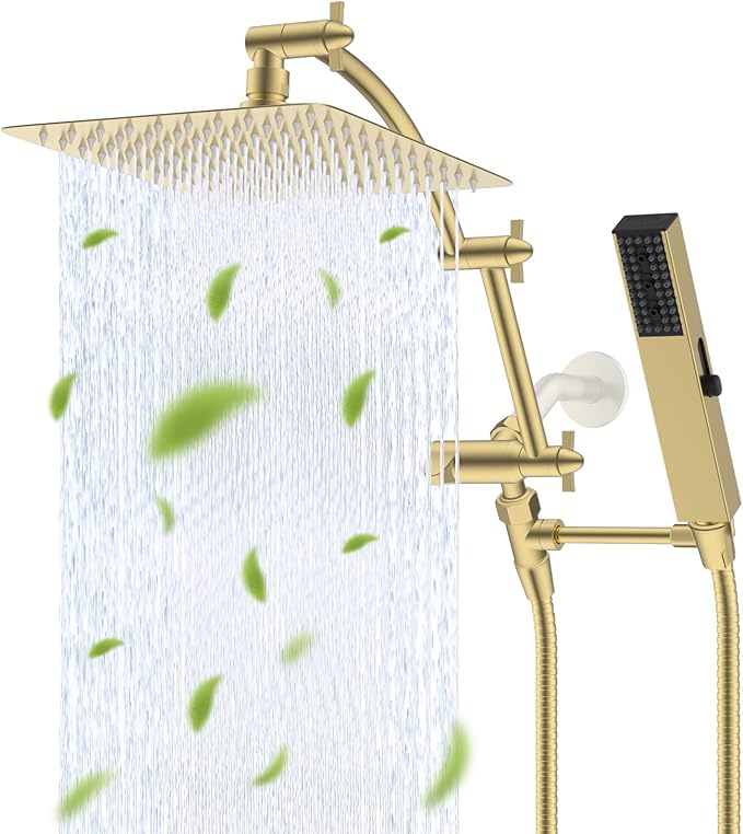 Hibbent All Metal 10'' Rainfall Shower Head, Shower Head Combo, High Pressure Handheld Shower Wand, 4 Sprays, 16'' Adjustable Arc-shaped Extension Arm, 71'' Hose, Showerhead Holder, Brushed Gold