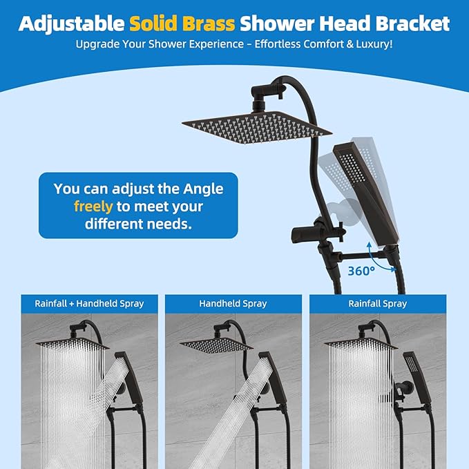 Hibbent All Metal Shower Head, 8'' High Pressure Rainfall Shower Head, Showerhead Combo, Handheld Shower Wand, 12'' Adjustable Curved Extension Arm, 71'' Hose, Shower Head Holder, Oil Rubbed Bronze